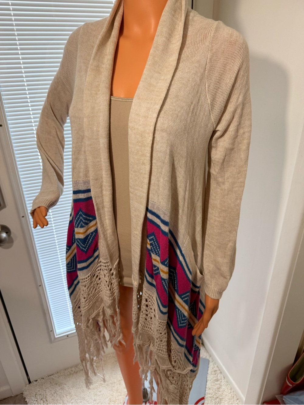 Vintage 2000s Billa Bong Beige Fringe Cardigan with Pink & Blue Aztec Trim